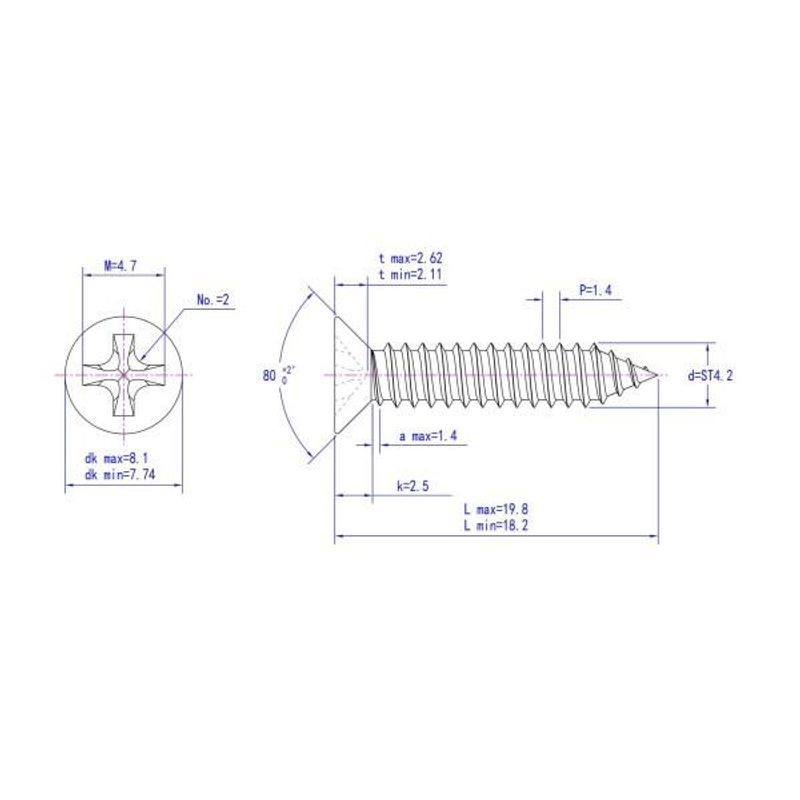 4,2x19 Plateskrue 50 stk Senkehode Syrefast A4
