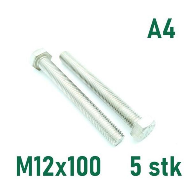 Hovedbilde M12x100 Sekskantskrue 5 stk  Syrefast A4