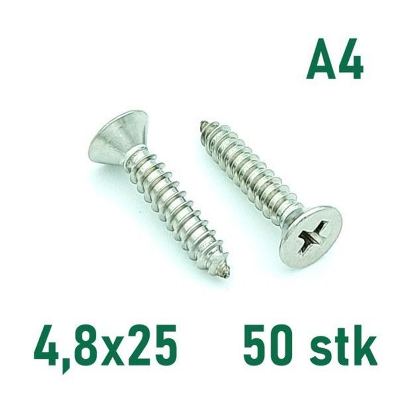 4,8x25 Plateskrue 50 stk Senkehode Syrefast A4