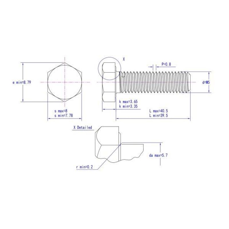 M5x40 Sekskantskrue 10 stk  Syrefast A4