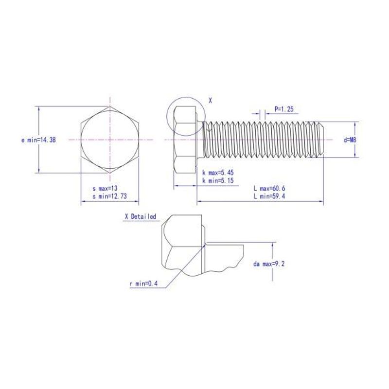 M8x60 Sekskantskrue 25 stk  Syrefast A4