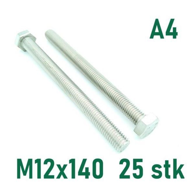 Hovedbilde M12x140 Sekskantskrue 25 stk  Syrefast A4