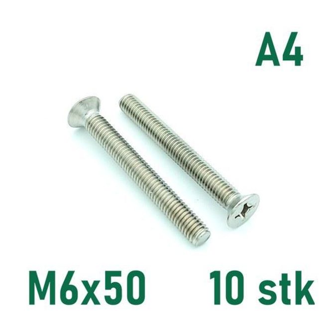 Hovedbilde M6x50 Maskinskrue 10 stk Senkehode Syrefast A4