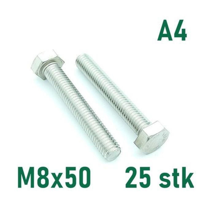 Hovedbilde M8x50 Sekskantskrue 25 stk  Syrefast A4