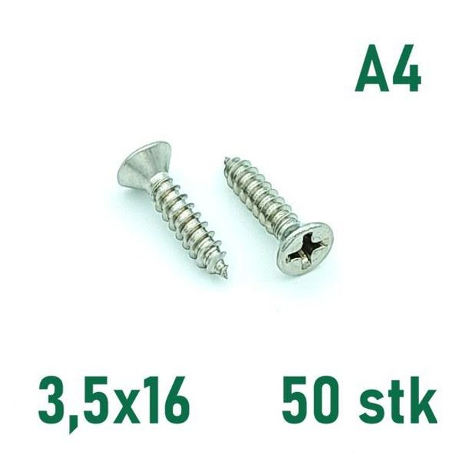 Hovedbilde 3,5x16 Plateskrue 50 stk Senkehode Syrefast A4