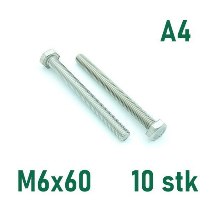 Hovedbilde M6x60 Sekskantskrue 10 stk  Syrefast A4