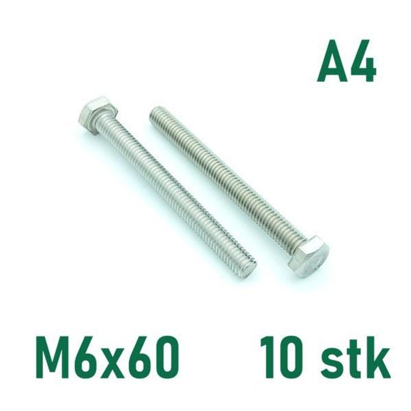 M6x60 Sekskantskrue 10 stk  Syrefast A4