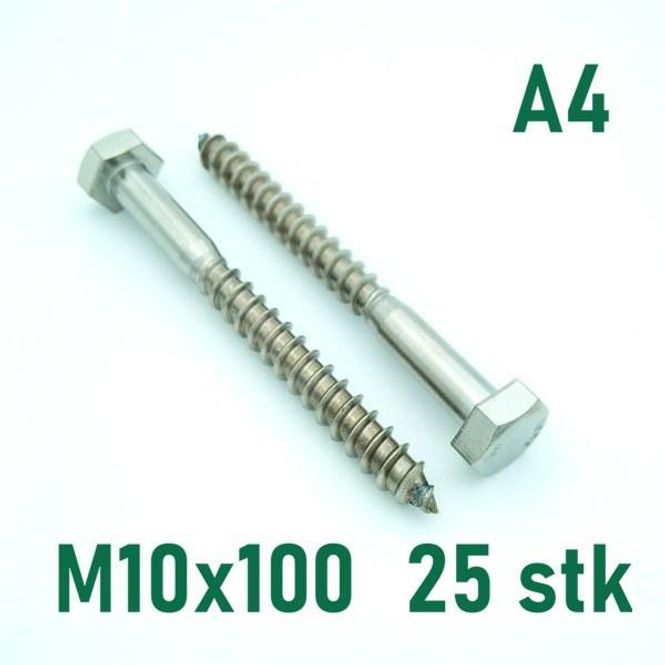Hovedbilde M10x100 Fransk Treskrue 25 stk Syrefast A4