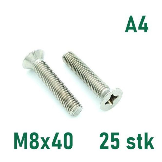 Hovedbilde M8x40 Maskinskrue 25 stk Senkehode Syrefast A4