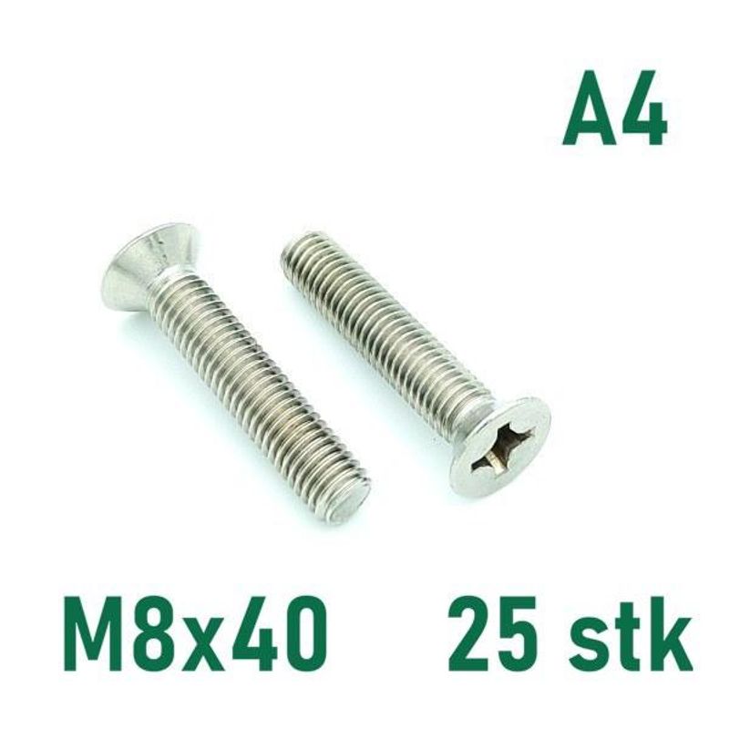 M8x40 Maskinskrue 25 stk Senkehode Syrefast A4