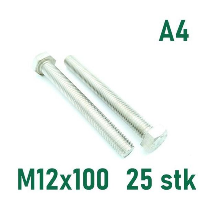 Hovedbilde M12x100 Sekskantskrue 25 stk  Syrefast A4