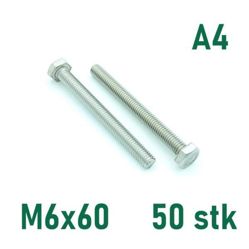 M6x60 Sekskantskrue 50 stk  Syrefast A4